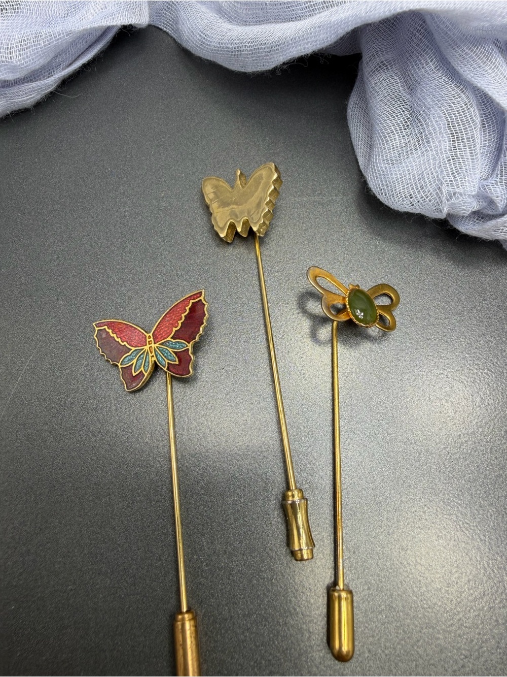 Vintage  Butterfly Stick Pins Cloisonné & Jade Accent